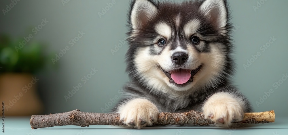 Adorable Husky Puppy Playing with a Stick