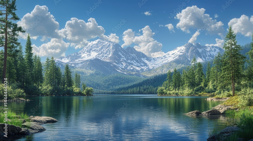 Fototapeta premium A peaceful mountain lake surrounded by evergreen trees and snow-capped peaks