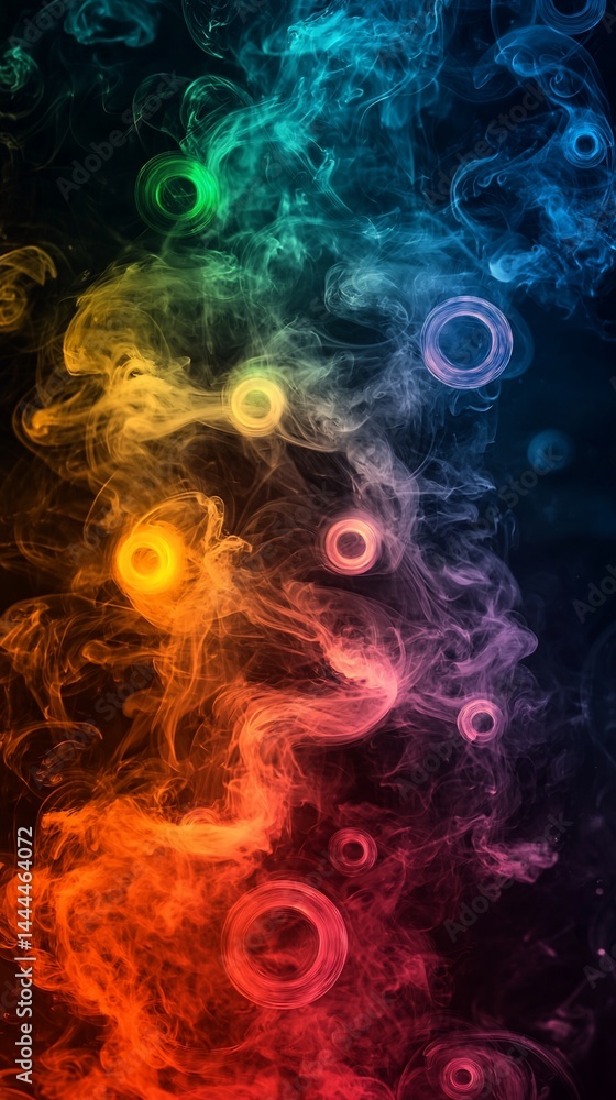Colorful smoke swirls with vibrant circles Colorful smoke swirls with vibrant circles