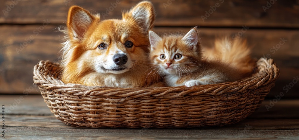 Adorable Ginger Corgi and Kitten Sharing a Basket