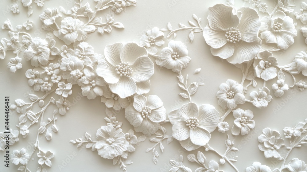 Ornate white floral relief design on a light background. Ornate white floral relief design on a light background.