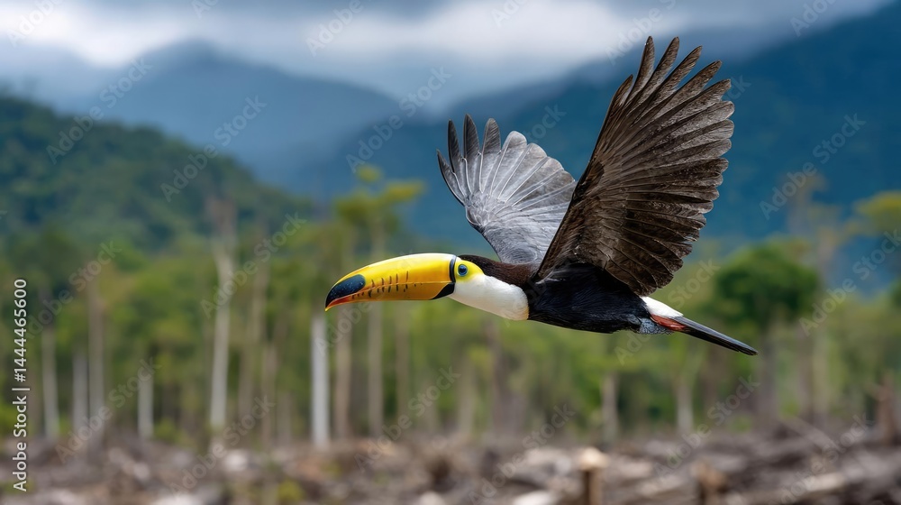Endangered species lost amid fire and deforestation concept. A vibrant toucan flies gracefully over a lush green landscape. Endangered species lost amid fire and deforestation concept. A vibrant toucan flies gracefully over a lush green landscape.