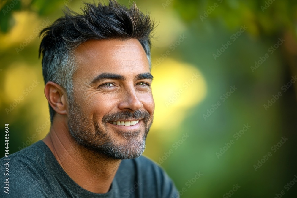 Green solid background. Pattern of style for aging men. Elegant men's undercut haircut - midlife white man with black hair. A glowing man radiating happiness and confidence. Green solid background. Pattern of style for aging men. Elegant men's undercut haircut - midlife white man with black hair. A glowing man radiating happiness and confidence.