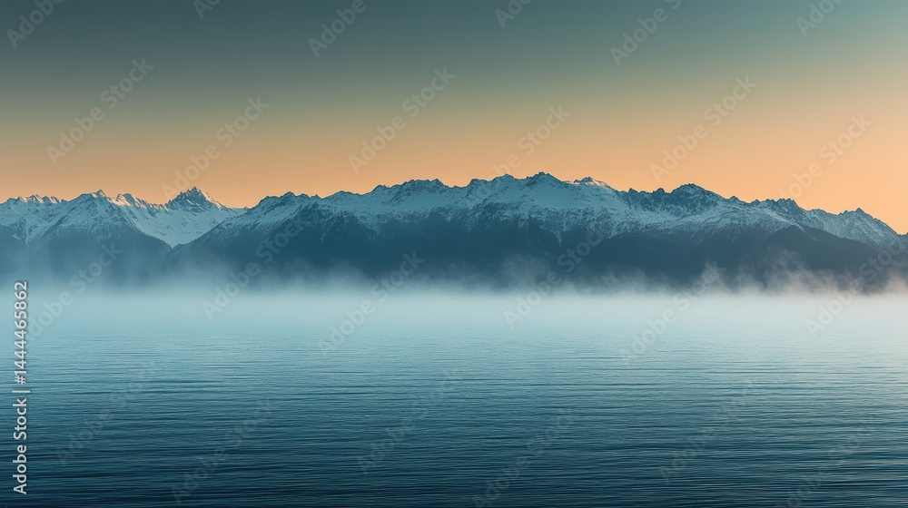 Obraz premium A misty morning fog rolling over a lake, with distant mountains peeking through the haze