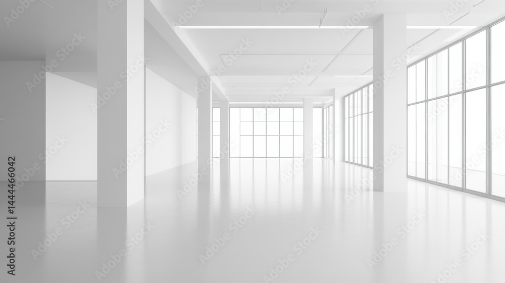 Bright and Spacious Minimalist Interior with Large Windows and White Walls in Modern Design Bright and Spacious Minimalist Interior with Large Windows and White Walls in Modern Design