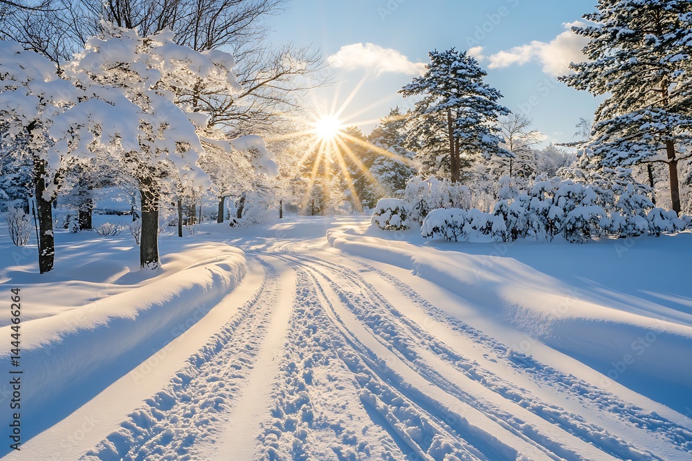 Sunny Winter Scenery Snowy Path With Tire Tracks Through Forest Landscape Sunny Winter Scenery Snowy Path With Tire Tracks Through Forest Landscape