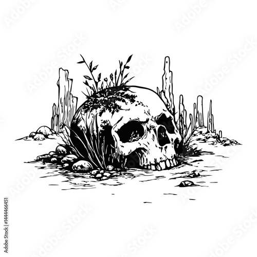 Post-apocalyptic rebirth: vegetation growing from ancient human skull