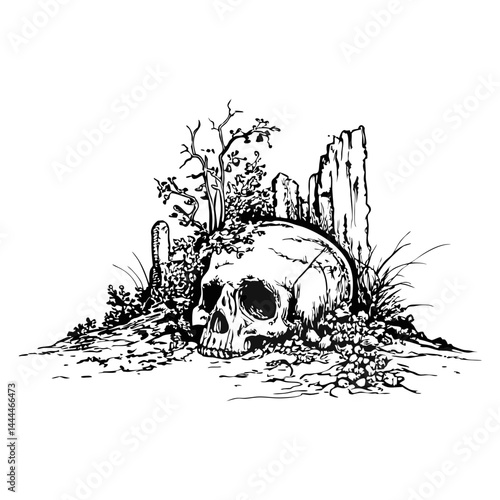 Gothic botanical illustration: decayed skull with thriving plant life