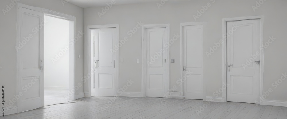 Clean white interior, multiple doors, varying states , light, style, interior Clean white interior, multiple doors, varying states , light, style, interior