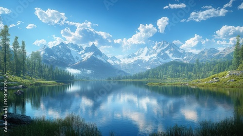 A serene lake nestled between two mountain peaks, with a calm reflection of the sky and surrounding landscape