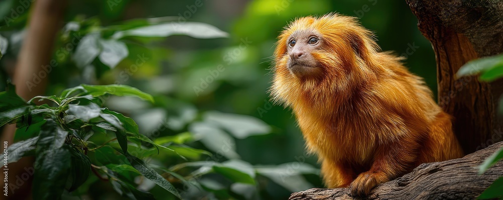 Endangered species lost amid fire and deforestation concept. A golden lion tamarin perched among lush green foliage. Endangered species lost amid fire and deforestation concept. A golden lion tamarin perched among lush green foliage.