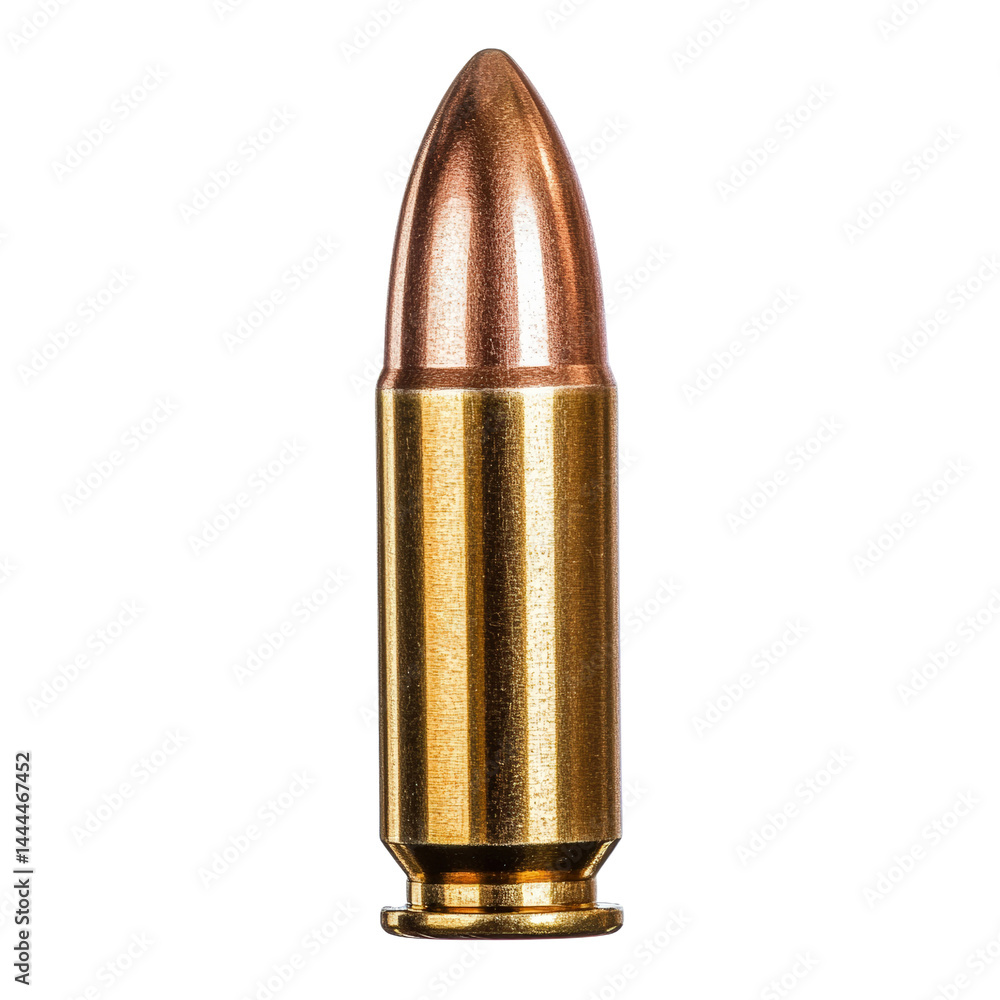 Close-up of a realistic metallic bullet with a copper-colored tip and brass casing, detailed side view showing texture and reflective surface in a focus Close-up of a realistic metallic bullet with a copper-colored tip and brass casing, detailed side view showing texture and reflective surface in a focus