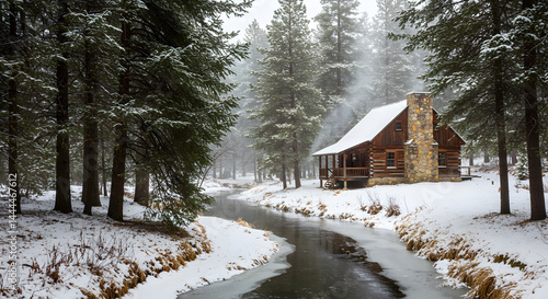 Winter Cabin Retreat By The Frozen River Among Snow Covered Trees