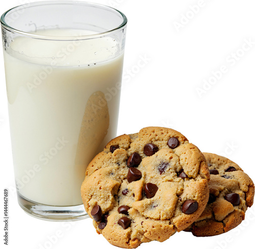 Fresh Cold Milk and Warm Chocolate Chip Cookies Isolated on Transparent Background for Food Advertising and Recipe Use photo