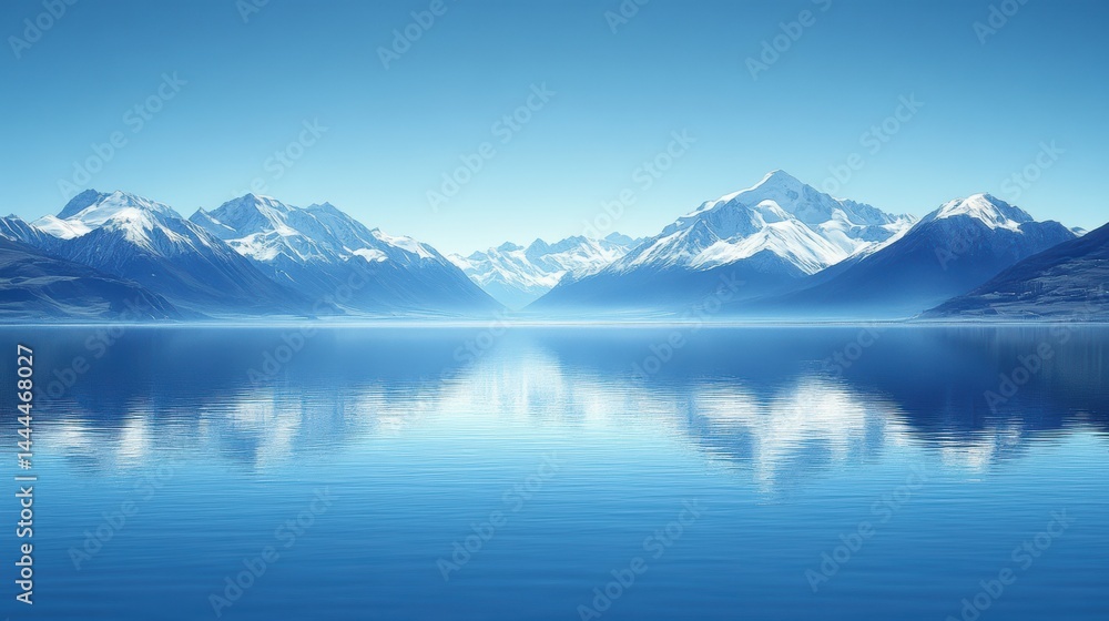 A peaceful lake surrounded by snow-capped mountains with a clear blue sky reflecting on the water A peaceful lake surrounded by snow-capped mountains with a clear blue sky reflecting on the water
