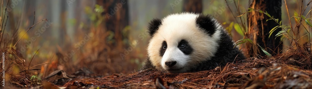 Fototapeta premium Endangered species lost in chaotic wildlife development concept. A peaceful panda resting in a tranquil forest setting.