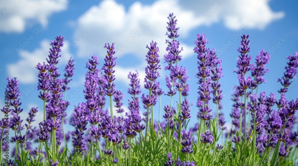 Obraz premium A field of vibrant lavender flowers stretching towards the horizon under a bright blue sky