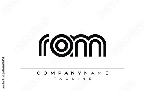 ROM Creative Unique Modern Letter Logo Design. Stylized logo featuring a unique letter design, presenting abstract minimalist aesthetics and modern appeal.