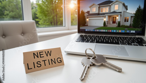 Wallpaper Mural Sleek silver key placed next to a "New Listing" sign on a modern white desk with an open laptop displaying property images, illuminated by soft morning light Torontodigital.ca