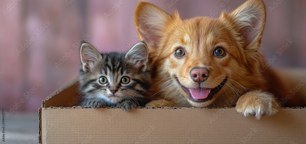 Adorable Kitten and Puppy in a Cardboard Box: A heartwarming image of a fluffy kitten and a playful puppy sharing a cardboard box, capturing their innocent charm and playful bond.