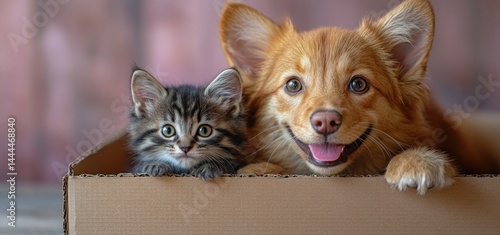 Obraz na płótnie Adorable Kitten and Puppy in a Cardboard Box: A heartwarming image of a fluffy kitten and a playful puppy sharing a cardboard box, capturing their innocent charm and playful bond. w salonie