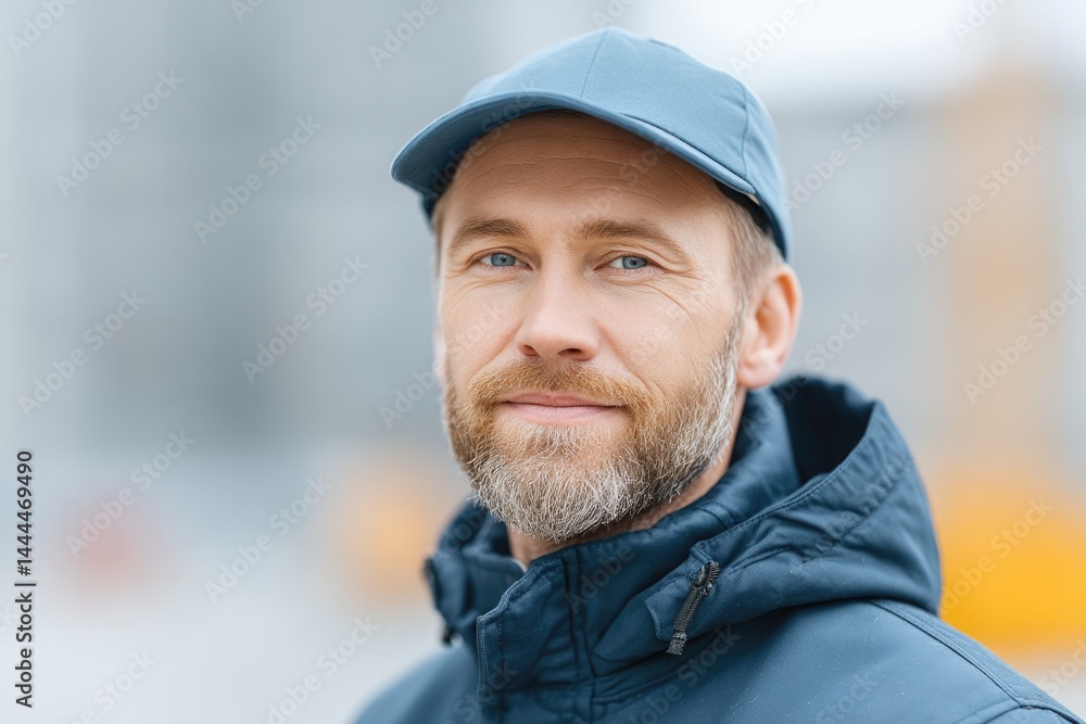 portrait of construction worker in uniform with relaxed expression blurred background worker age race and gender are portrait of construction worker in uniform with relaxed expression blurred background worker age race and gender are