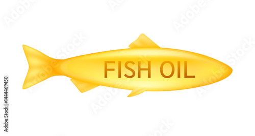 Fish oil or Omega 3 fatty acids orange on white background. Extracted from nature salmon. Vitamins collagen essential to the health. For dietary nutritional supplement. Vector.