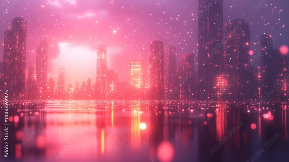Futuristic cityscape reflected in a water surface at dusk. Futuristic cityscape reflected in a water surface at dusk.