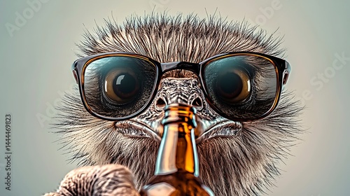 A whimsical ostrich wearing sunglasses holds a beer bottle, showcasing a playful atmosphere