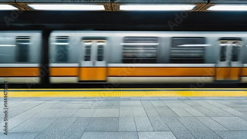 Subway train speeding past a deserted platform in an urban setting
