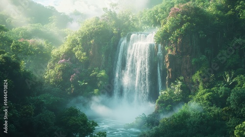 A misty waterfall surrounded by lush greenery, with soft light filtering through the mist