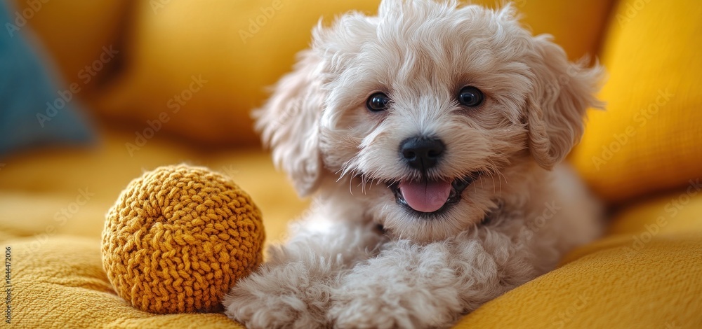 Adorable Fluffy Puppy on Yellow Couch