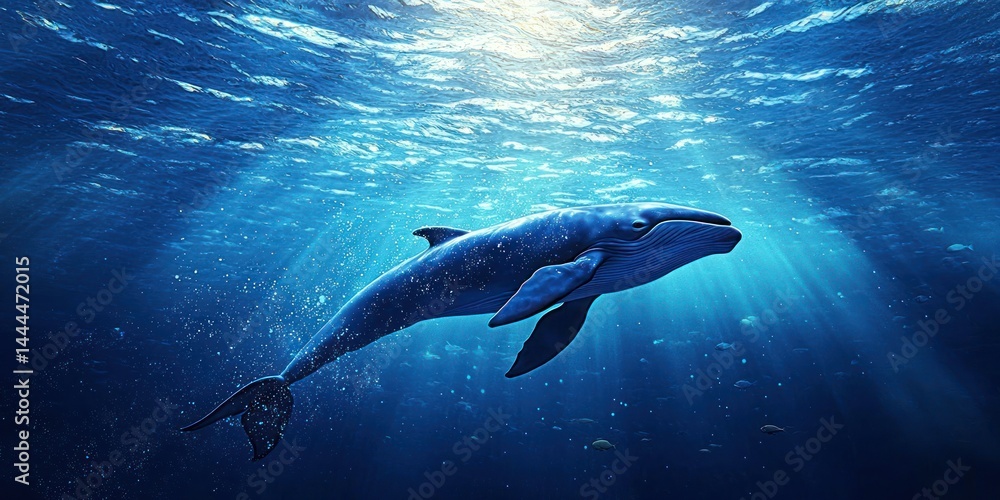 Fototapeta premium Whale breaching in a clean ocean, conservation success.