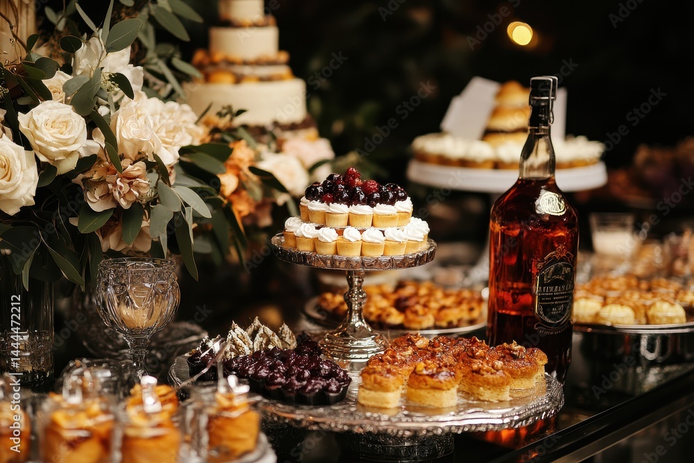 Elegant dessert table showcasing various pastries and beverages at a chic celebration, Elegant dessert table with various pastries and bottle of liquor Elegant dessert table showcasing various pastries and beverages at a chic celebration, Elegant dessert table with various pastries and bottle of liquor