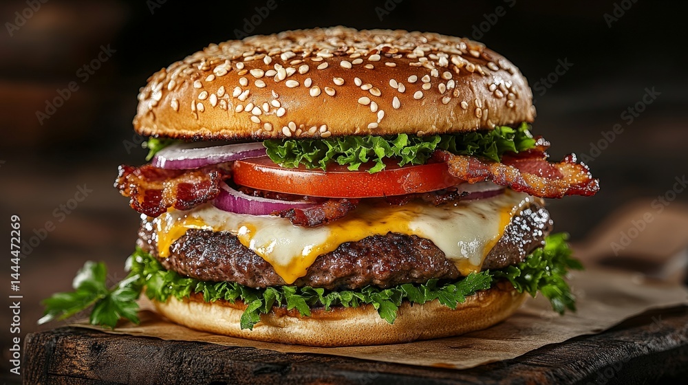 Gourmet Burger with Bacon, Cheese, and Onion Gourmet Burger with Bacon, Cheese, and Onion