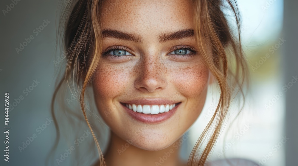 A close-up of a woman with a radiant smile, surrounded by natural sunlight A close-up of a woman with a radiant smile, surrounded by natural sunlight