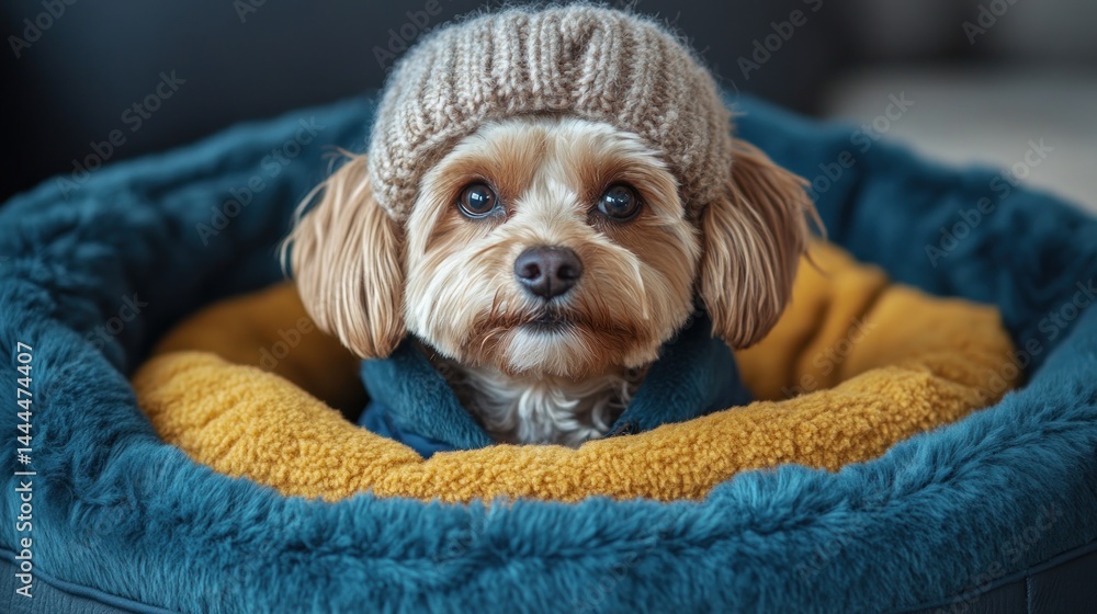 Adorable Puppy in Cozy Winter Hat and Bed