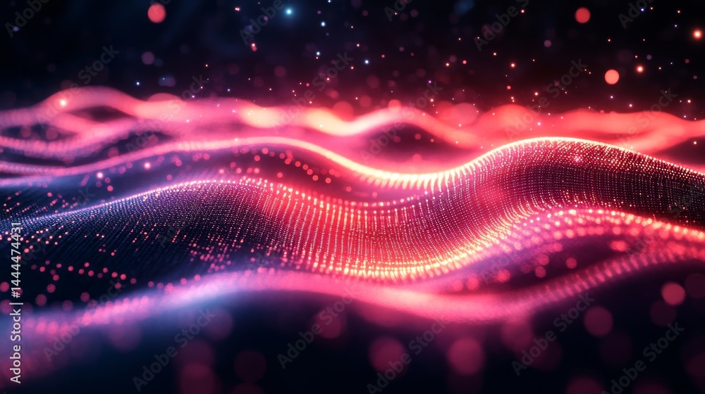 Fototapeta premium Abstract digital waves of glowing particles in vibrant colors.