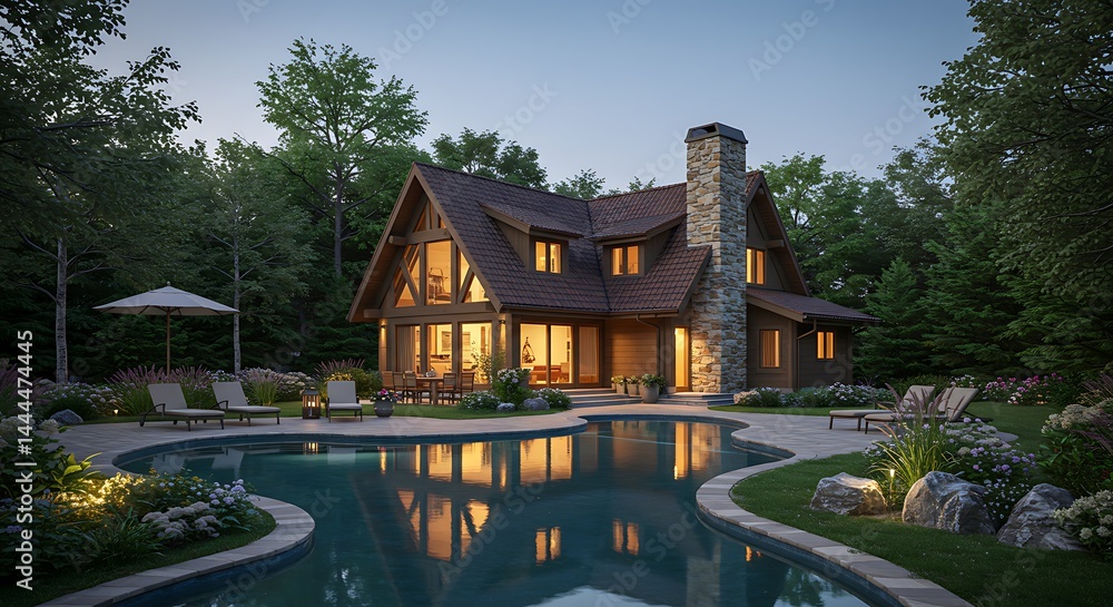 Warm lights spill from a charming cabin with a stone chimney, nestled in the woods beside a softly illuminated freeform pool at dusk. Warm lights spill from a charming cabin with a stone chimney, nestled in the woods beside a softly illuminated freeform pool at dusk.
