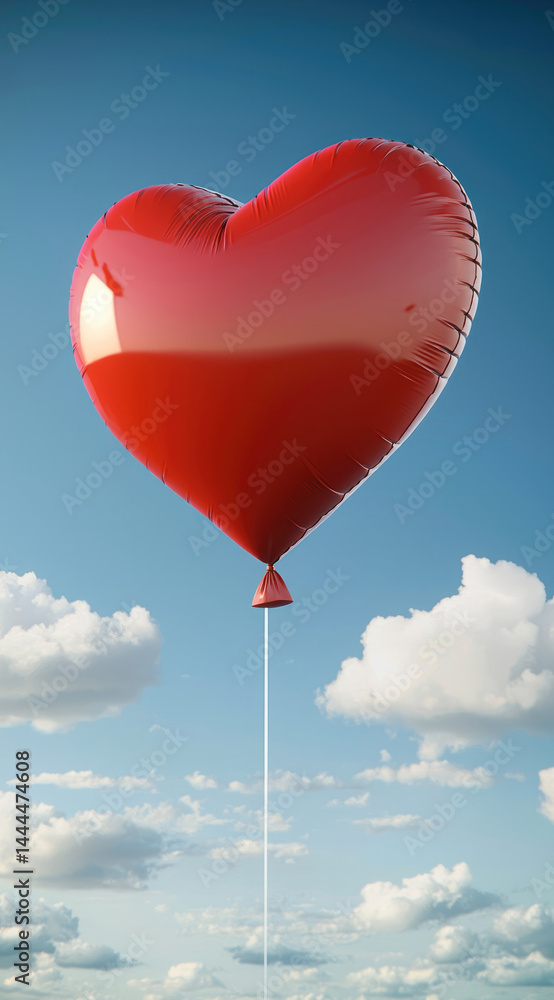 Fototapeta premium Red heart balloon floating in blue sky with fluffy white clouds, symbolizing love, happiness, and freedom, creating cheerful and uplifting atmosphere