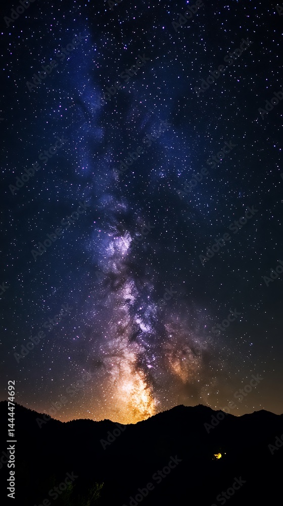 Fototapeta premium Night Sky with Milky Way Galaxy Over Mountains and Starry Sky landscape view