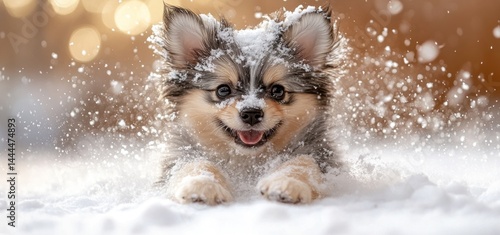Obraz na płótnie Adorable Pomeranian Puppy Playing in the Snow w salonie