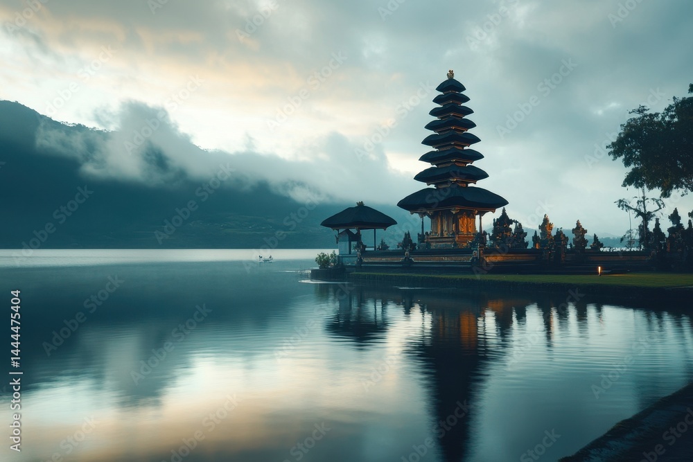 Obraz premium Bali Indonesia landmark temple on water at twilight with serene reflections, Bali Indonesia travel landmark temple on water Timelapse background
