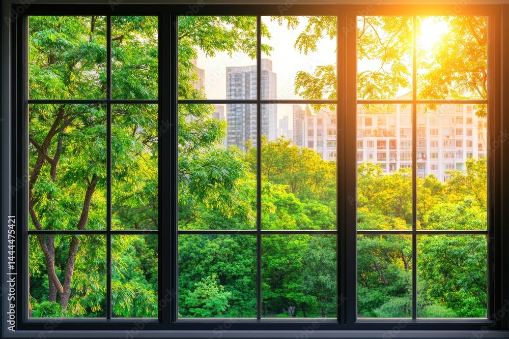 City park view from a window with sunlight streaming through Lush green trees and buildings visible in the distance City park view from a window with sunlight streaming through Lush green trees and buildings visible in the distance