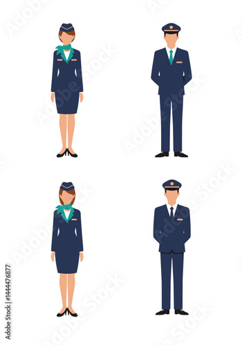 A simple flat design set of 4 flight attendant characters (2 male, 2 female) with colorful uniforms on a clean white background, front-facing.