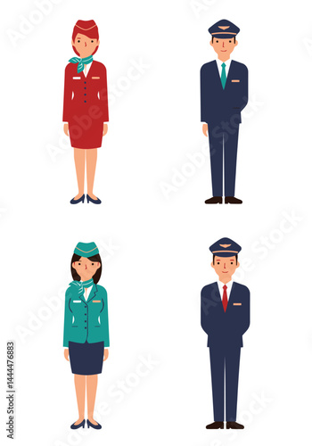 A simple flat design set of 4 flight attendant characters (2 male, 2 female) with colorful uniforms on a clean white background, front-facing.