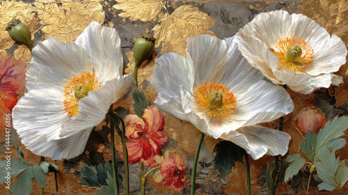 White flower with golden leaves an abstract background as wallpaper illustration, Elegant White Gold Flower	