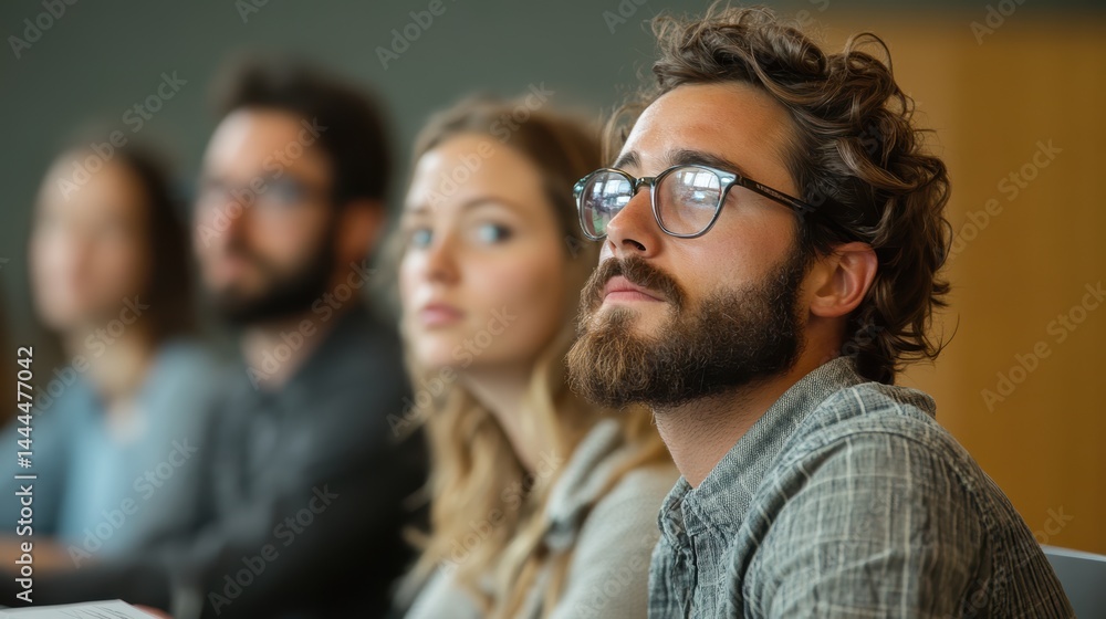 A group of colleagues attending a seminar together, taking notes and listening attentively A group of colleagues attending a seminar together, taking notes and listening attentively