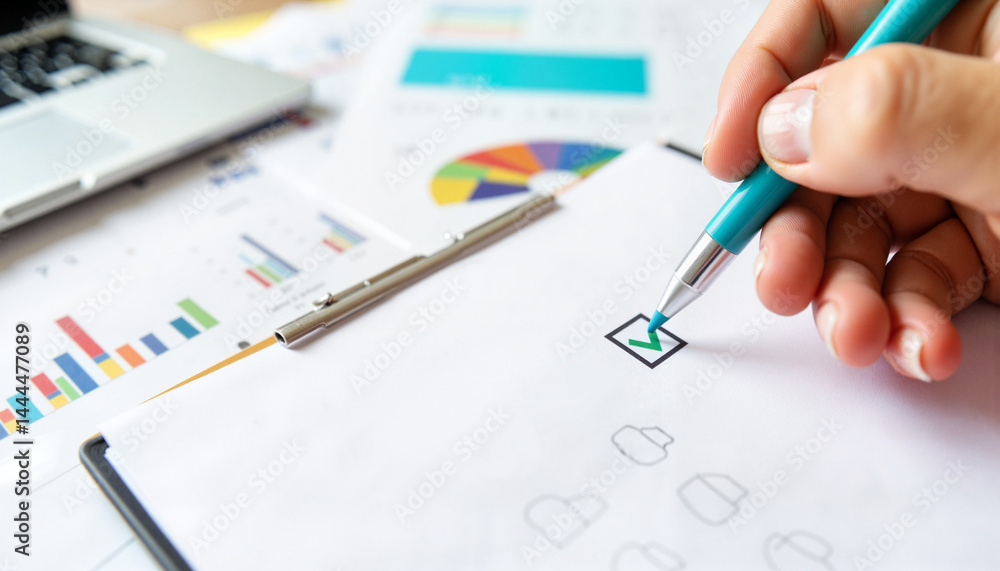 Hand checking survey form on clipboard with spreadsheets, data analysis Hand checking survey form on clipboard with spreadsheets, data analysis