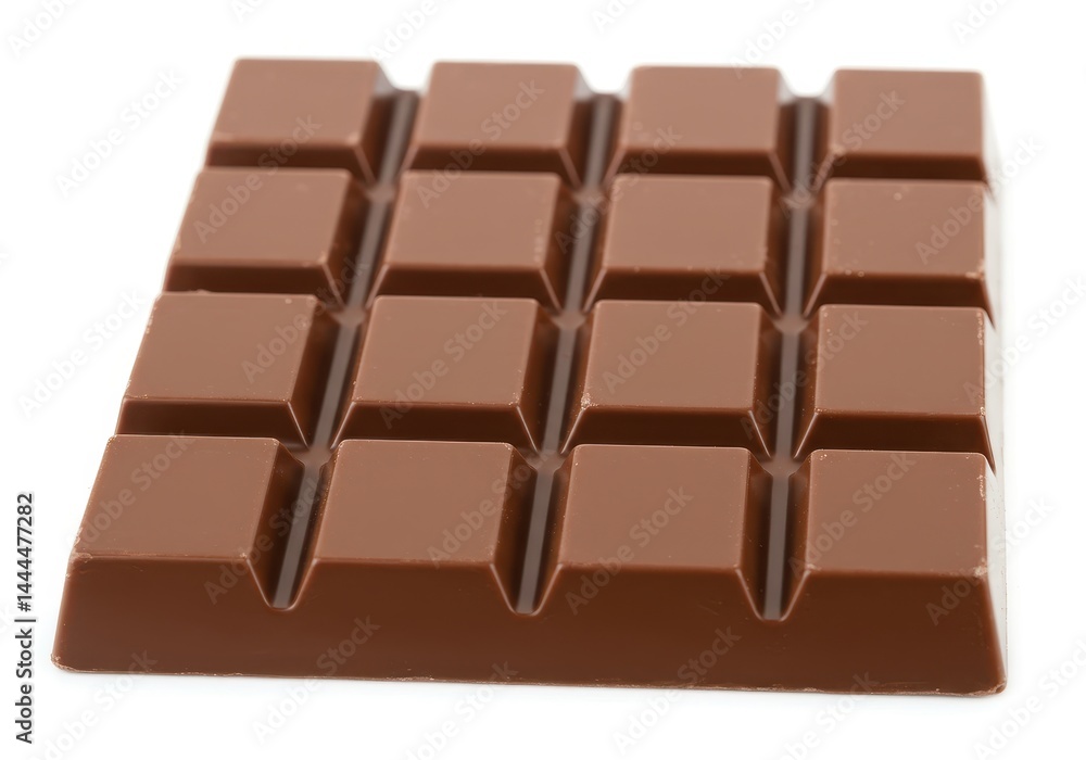 A square milk chocolate bar with sixteen segments on a white background close up studio shot A square milk chocolate bar with sixteen segments on a white background close up studio shot